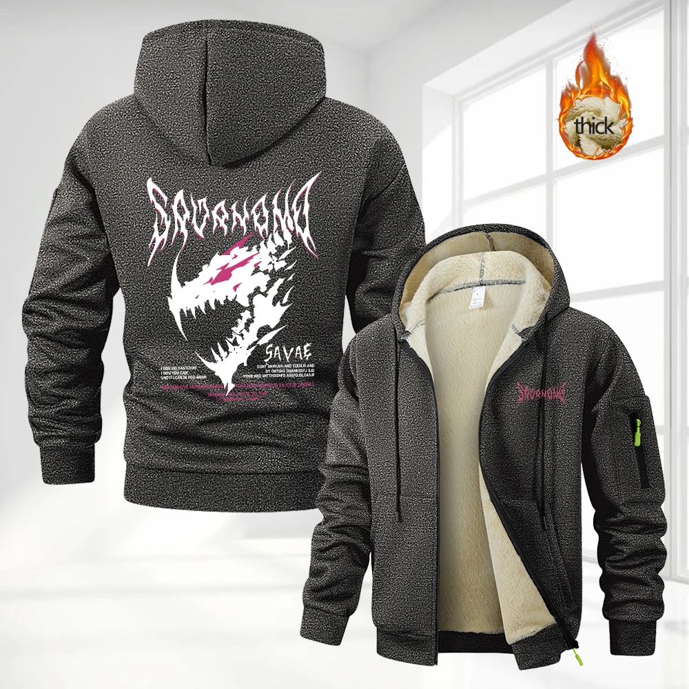 Men's Thick Hoodie With Thorn Dragon Print Zipper Sweatshirt Autumn And Winter Outdoor Casual Warm Sports Commuter Cardigan