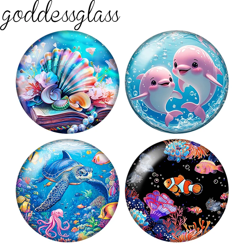 New Sea Animals Fish Dolphin whale turtle 12mm/18mm/20mm/25mm Round photo glass cabochon flat back Making findings Pins Necklace