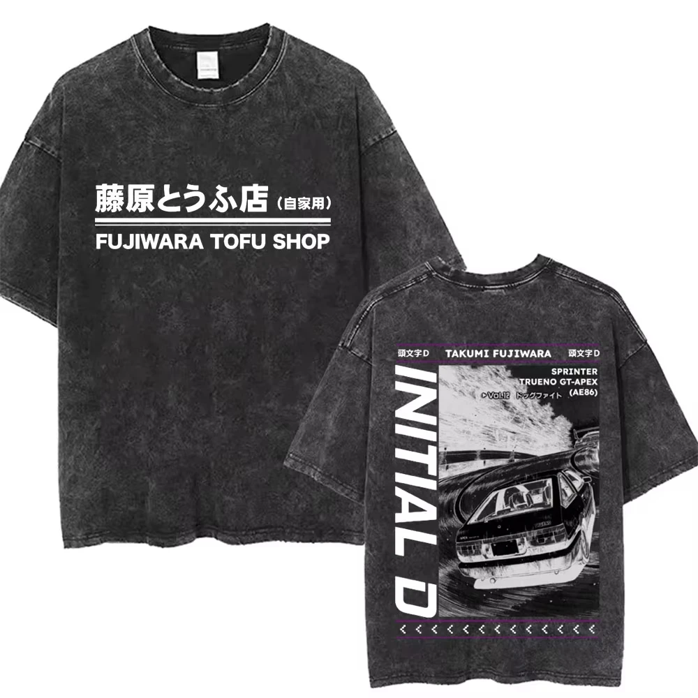 

Washed Vintage Anime Initial D Drift AE86 Fujiwara Tofu Shop Logo Print T-shirt Takumi Fujiwara T Shirts Men Manga Retro Tshirt