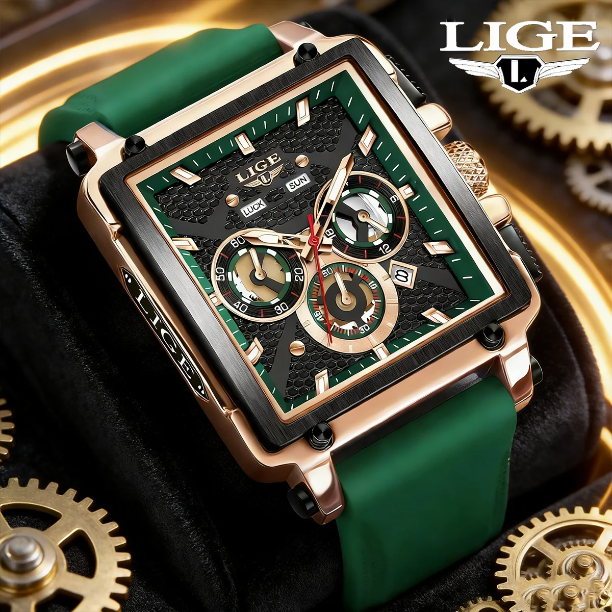 

LIGE Sports Men's Watch Fashion Large Dial Square Design Quartz Wristwatches Chrongraph Auto Date Silicone Watches for Men+Box