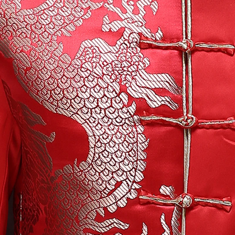 Traditional Chinese Style Men Red Wedding Coat Stand Collar Satin Tunic Suit Jacket Golden Dragon Jacquard Bridegroom Coat