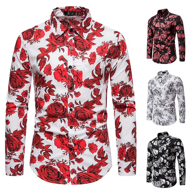 Mens Rose Flower Print Dress Shirts Brand Slim Long Sleeve Tuxedo Shirt For Men Casual Business Button Down Shirt Chemise Homme