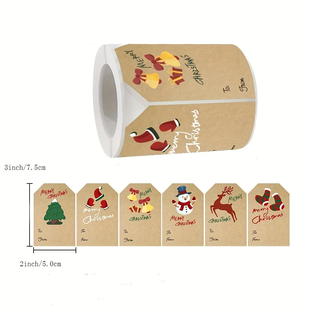250pcs/roll Christmas Stickers - 2x3 Kraft Paper Tree Socks Snowman Elk MERRY CHRISTMAS