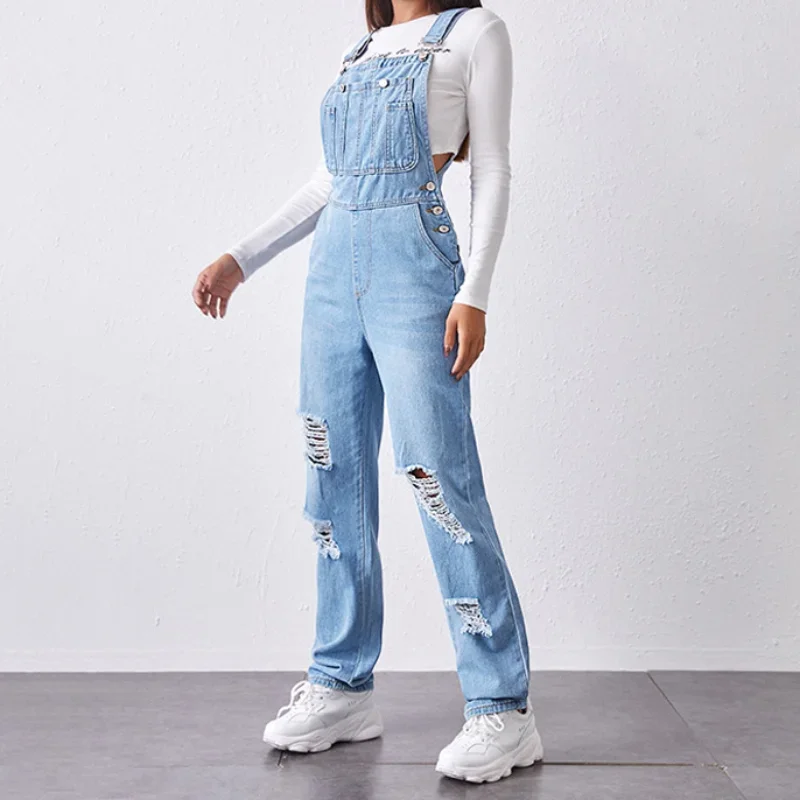 Blue Denim Jumpsuit Overalls Rompers Women Hole Hollow Out E-girl Casual Work Pants Hot Y2k Mom Jeans Long Pants Streetwear