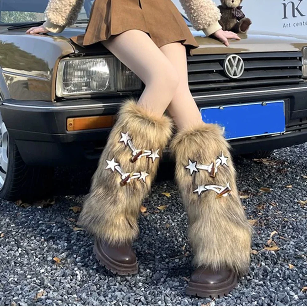 

Harajuku Punk Y2k Girls Furry Fur Plush Winter Leg Warmers Socks Japanese Lolita Kawaii Fluffy Fleece Star Bone Boot Leg Cover