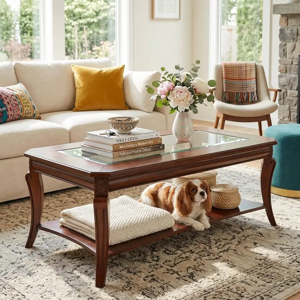 Rectangle Glass Coffee Table with Storage Shelf for Living Room Office, 23.6