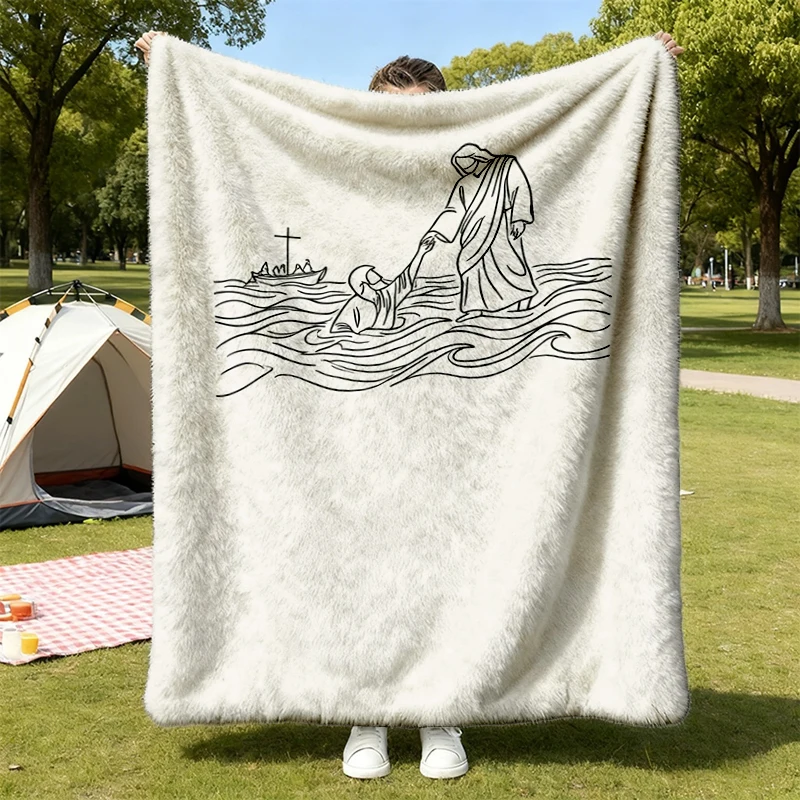 Jesus Walking on Water Flannel Blanket, Minimalist Christian Line Art Flannel Throw