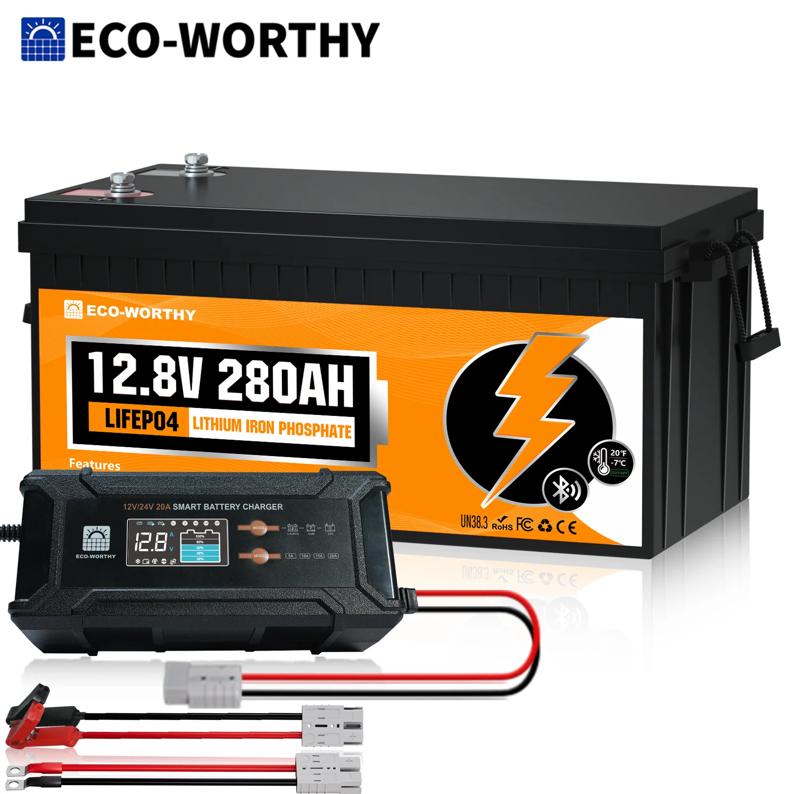 

ECO-WORTHY 3584Wh 12V 280Ah Bluetooth LiFePO4 Lithium Battery+12/24V 20A Charger for Solar Off-Grid Power System, RV, Home