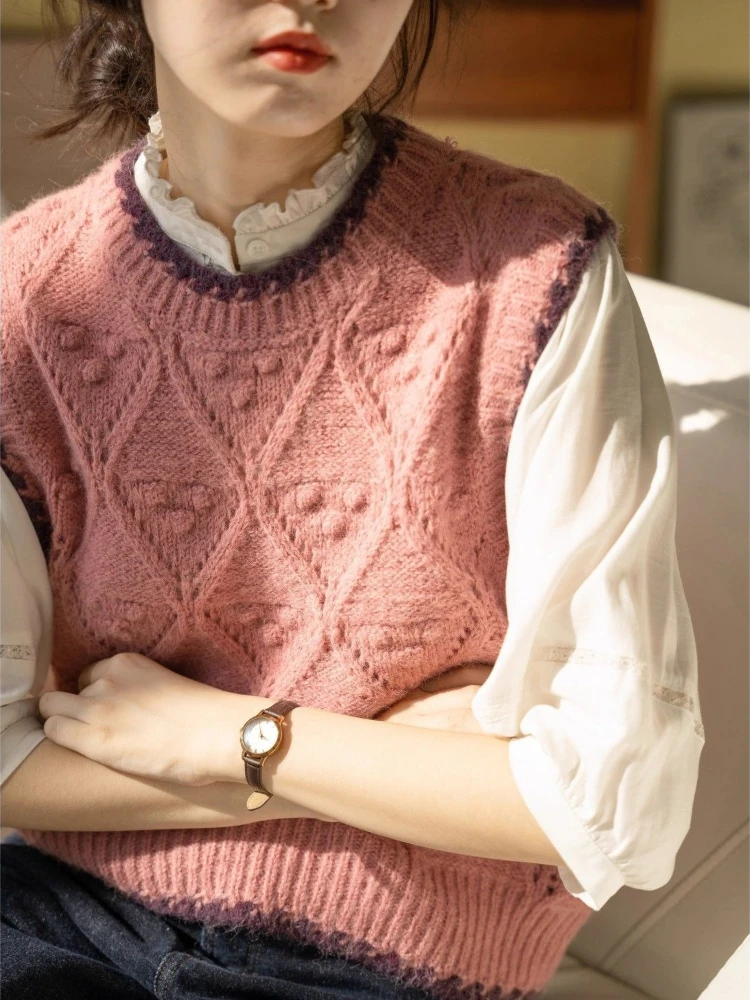 French Retro Color Block Pink Crochet Knit Vest Women Spring Autumn Sleeveless Top