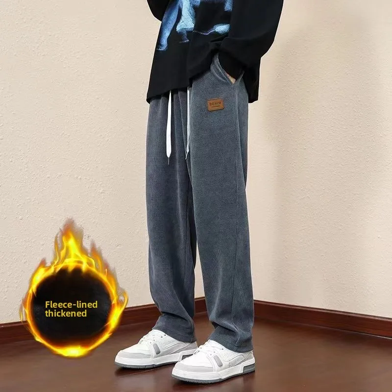 

Autumn/Winter Fleece-Lined Casual Trousers Men Corduroy Versatile Loose Straight-leg Pants Thicken Solid Tight Cord Sports Pants
