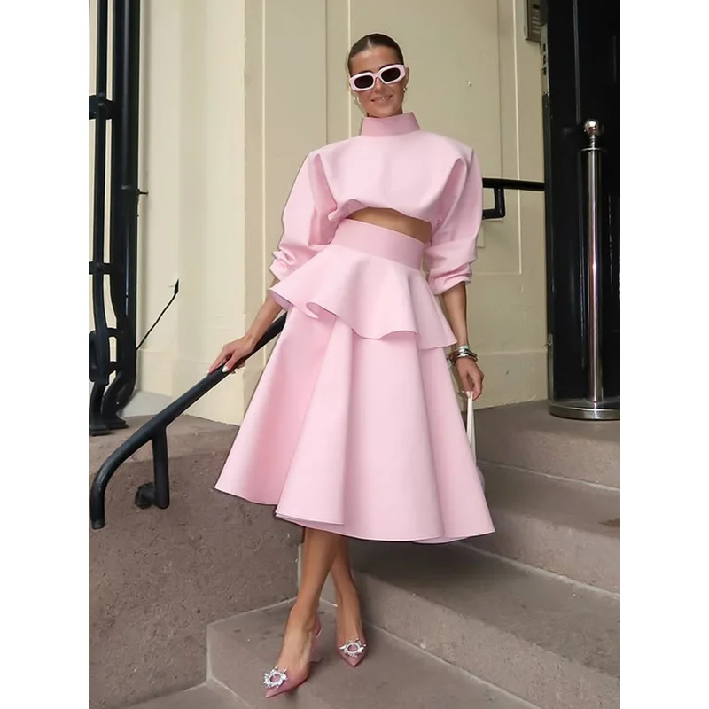 

Pink Atmospheric Holiday Style Suit 2025 Summer New Fashion Short Tops + High Waist Slimming Lotus Leaf Skirt Two-piece Set
