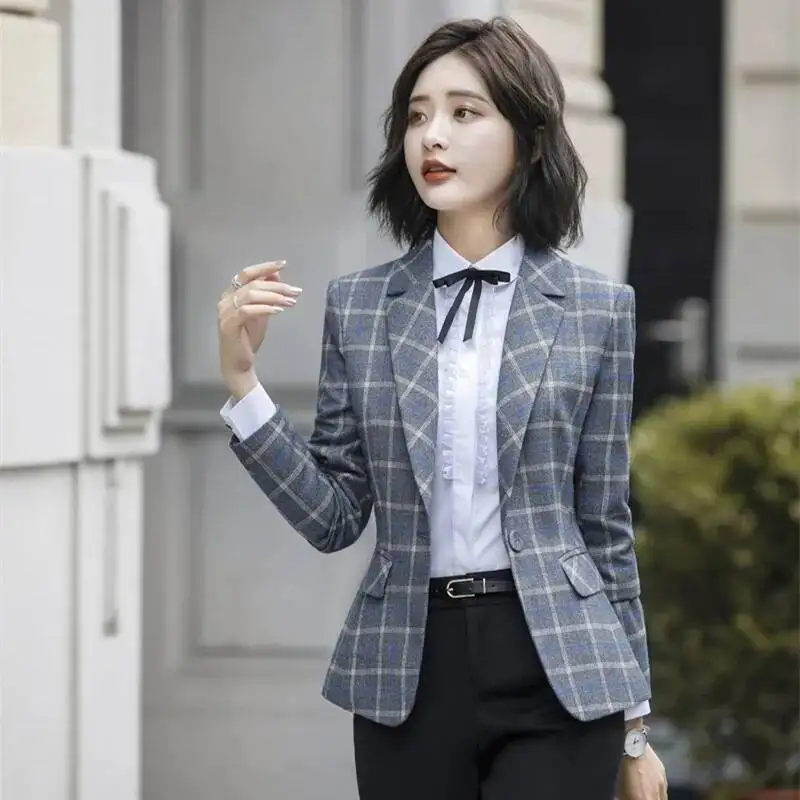 High Quality Fabric Fashion Plaid Women Business Blazers and Jackets Coat With Pocket OL Styles Work Wear Blazer Outwear Tops