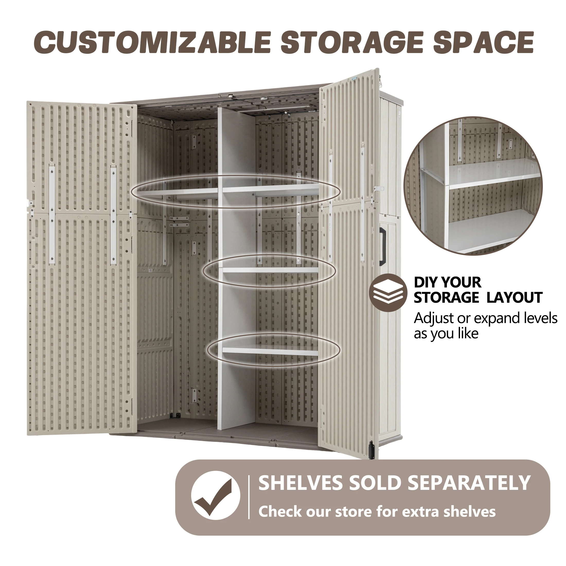 60 Cu.Ft Outdoor Storage Cabinet, Lockable Resin Waterproof Shed Tall Resin Storage Cabinet with Double Doors, Adjustable Shelf, Weatherproof Outdoor Shed for Backyard Garden Pool, White