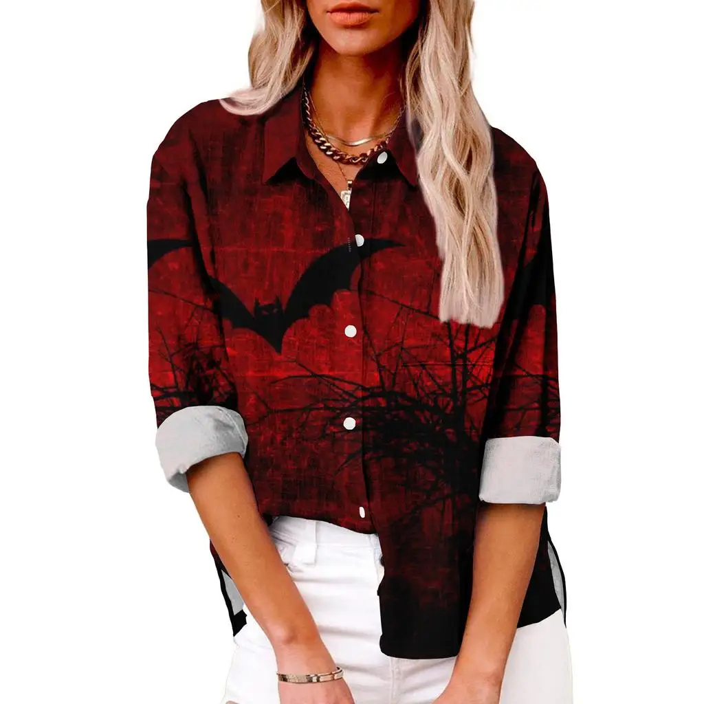 2024 casual lapel halloween shirt tops women hawaiian shirts women blouses 3d bat spider web print long sleeve shirts