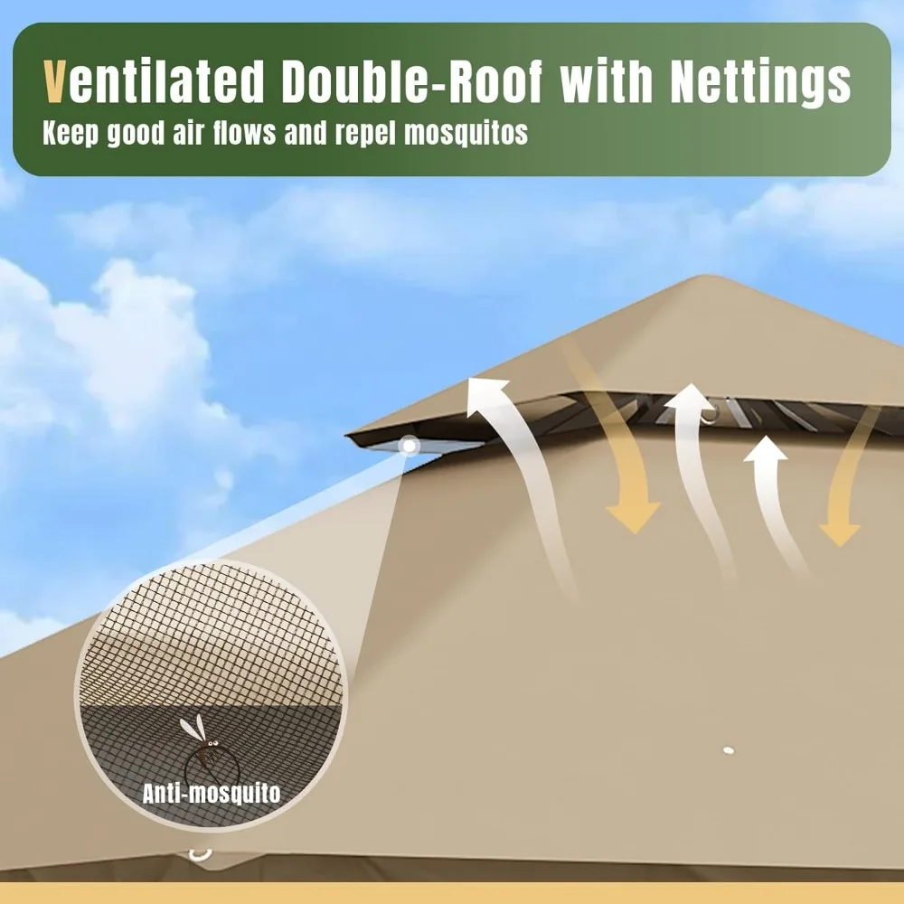 AOXUN Gazebo da esterno per patio 8x8, tettoia con struttura in metallo con doppi tetti, tenda da festa resistente e riparo con zanzariera