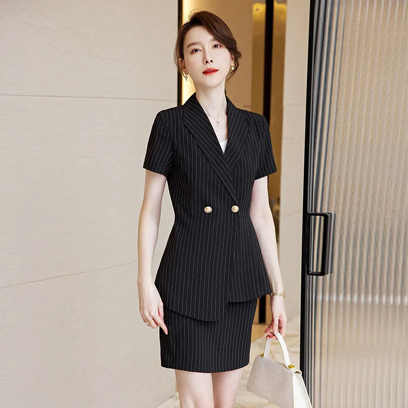 بدلة مخططة للنساء بأكمام قصيرة ملابس عمل صيفية مزاجية بدلات مكتبية مكتب أمامي فستان متجر مجوهرات بدلة رسمية