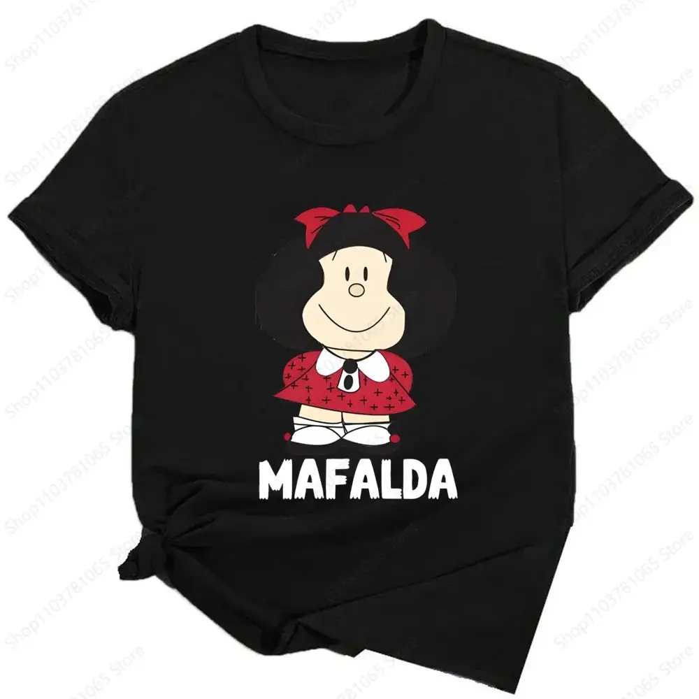 Mafalda Print Funny Graphic T Shirts Women Summer Harajuku Girls Streetwear Cute Cartoon Kawaii Shirt Black