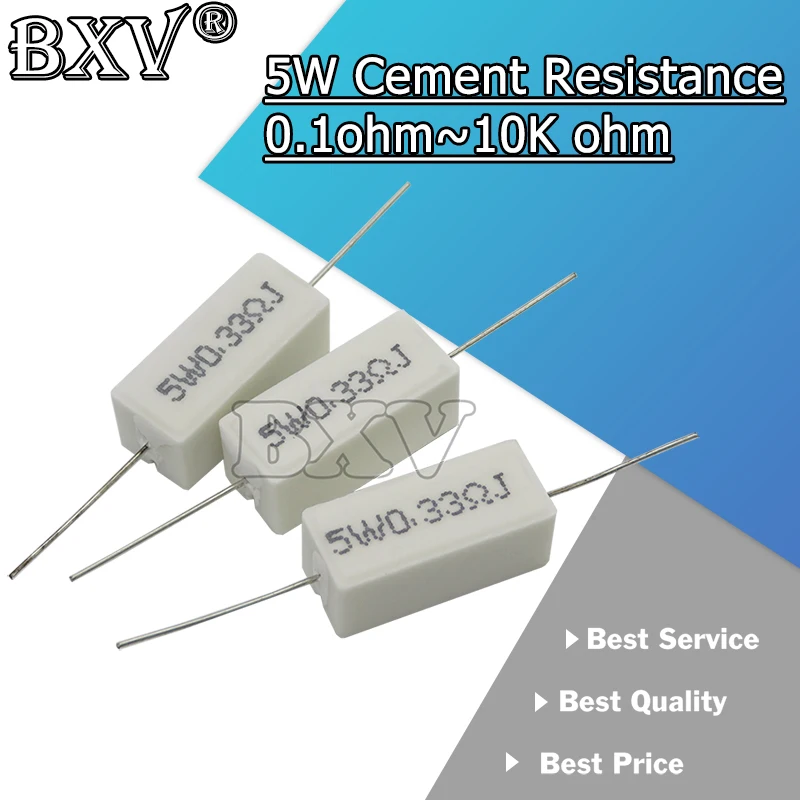 10PCS/LOT New 5W Cement Resistance 0.1 ~ 10k Ohm 0.33R 1R 10R 100R 0.22 0.33 1 10 100 1K 10K Ohm Cement Resistor