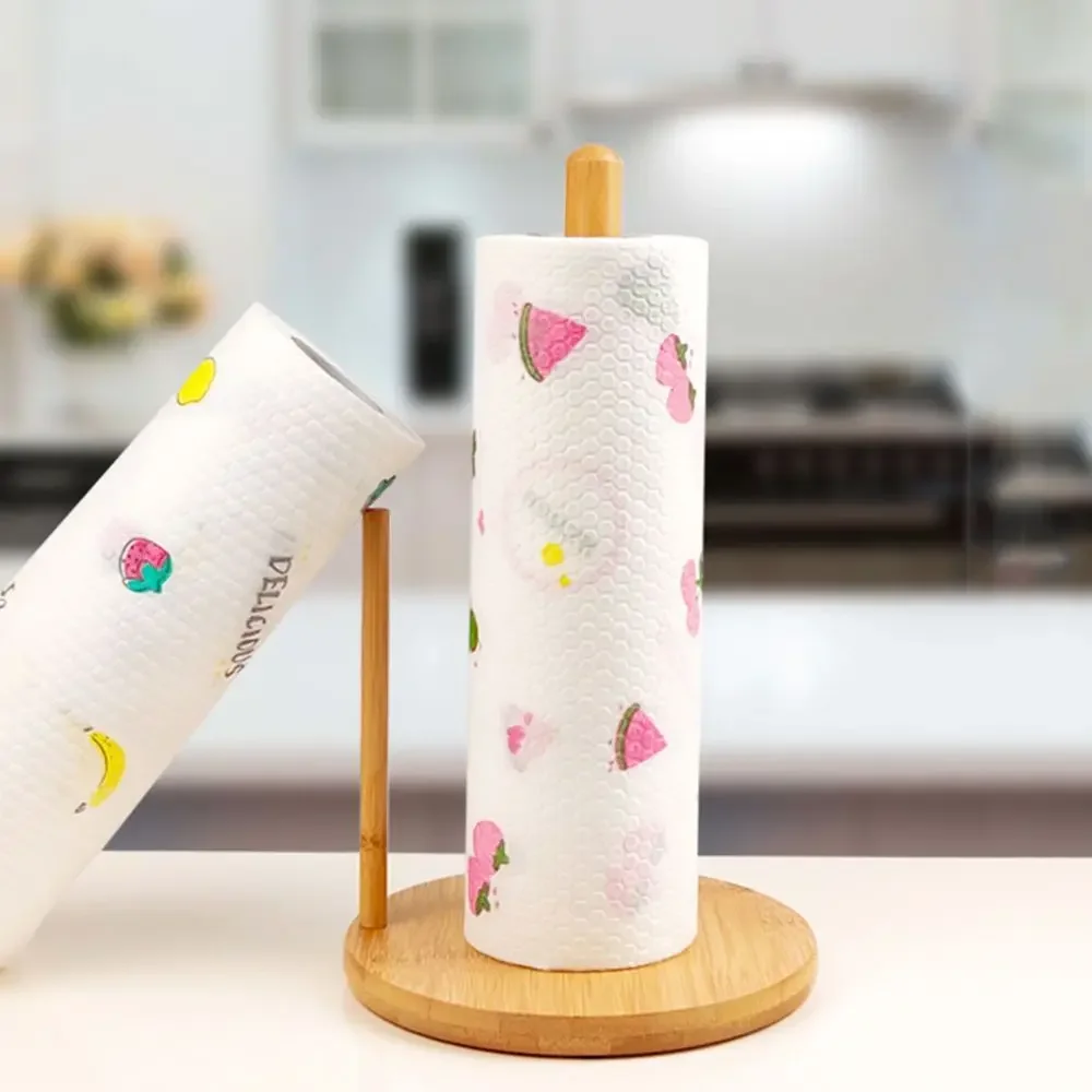 Bamboo and Wood Paper Roll Holder: Vertical Tissue Storage Rack, Non-Punching Cloth Hanger for Kitchen & Home Decoration