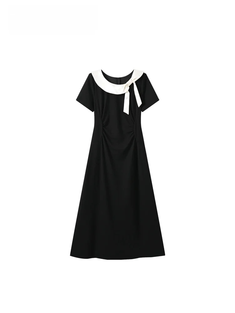 

Casual Hepburn Style Short Sleeve Dress Women's plus Size Summer New Style Slimming Skirt A-Line Cotton Blend Knot