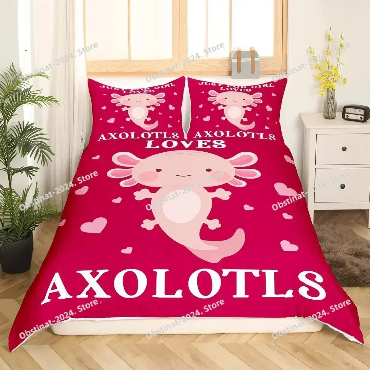 2025 Cartoon Axolotl Duvet Cover King Queen Size Kids Girls Boys Cute Rainbow Sea Wildlife Animal Reptile Polyester Bedding Sets