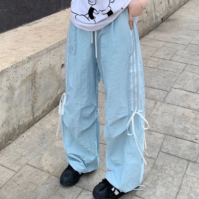 QWEEK Y2k Oversized Striped Cargo Pants Women Harajuku Casual Sweet Bow Baggy Summer Wide Leg Thin Trousers America Style Street