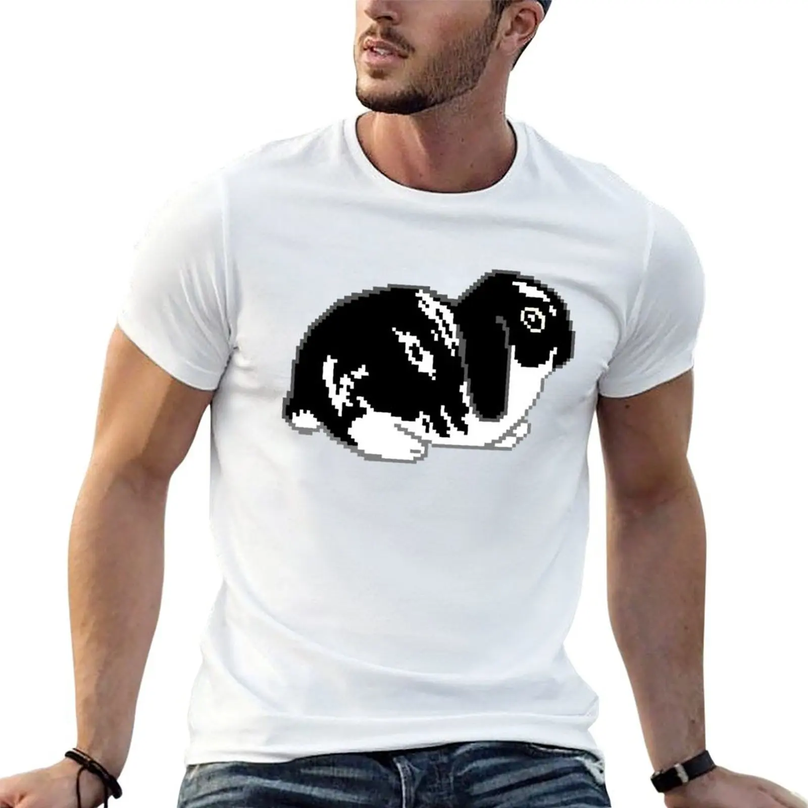 Camiseta preta e branca Holland Lop, camiseta masculina de designer, camiseta gráfica masculina, camiseta lisa masculina