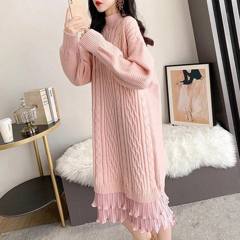 Autumn Winter Long Sleeve Sweater Dress Women Korean Ruffles Loose Knitted Dresses Woman 2023 Women\'s Mid-Length Knit Base Dress