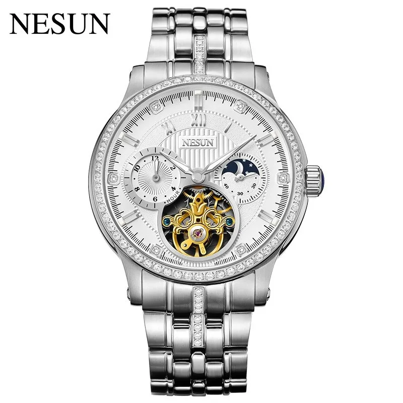 Nesun For Men Watch Skeleton Flywheel Automatic Wristwatch Coated Glass Moon Phase Waterproof Stainless Steel Rhinstone Zegarek