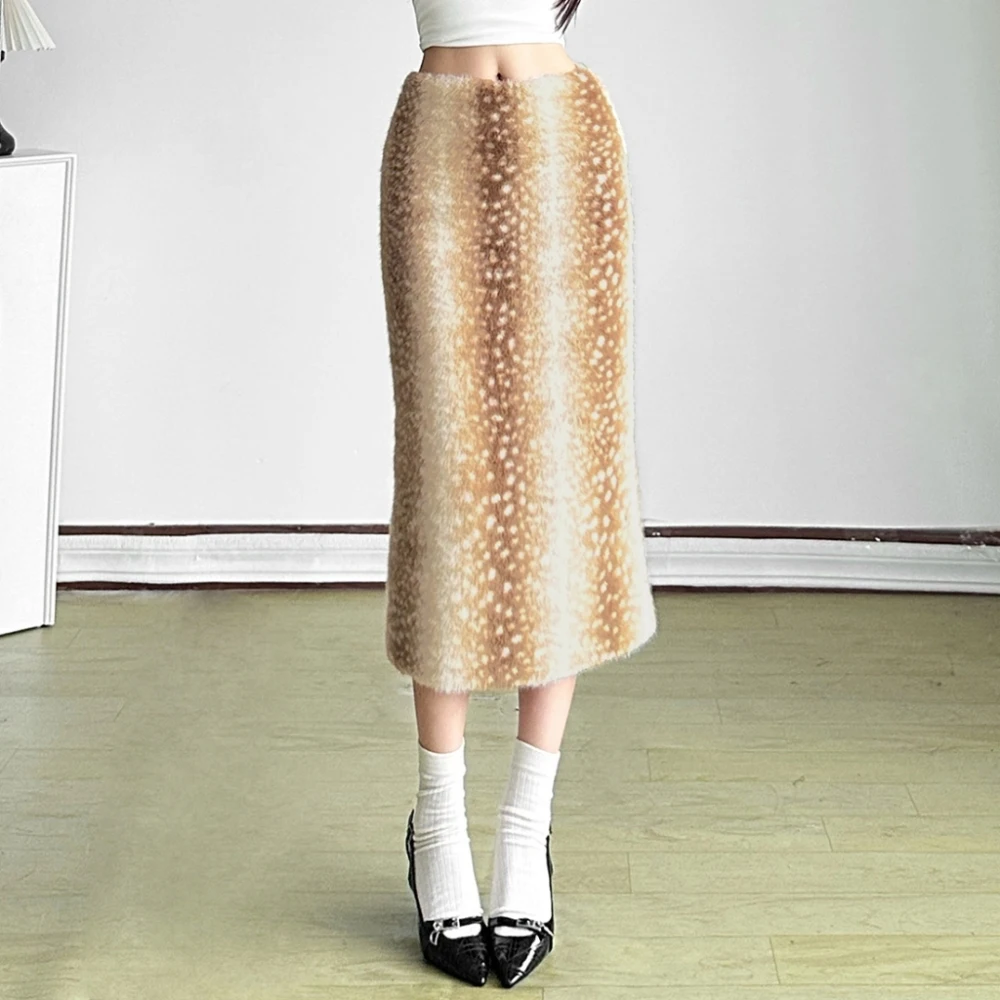 

Kliou Casual Elegant Long Skirts Woman 2026 New Style Gradient Furry Elastic High Waist Daily Simple Basic Comfortable Bottoms