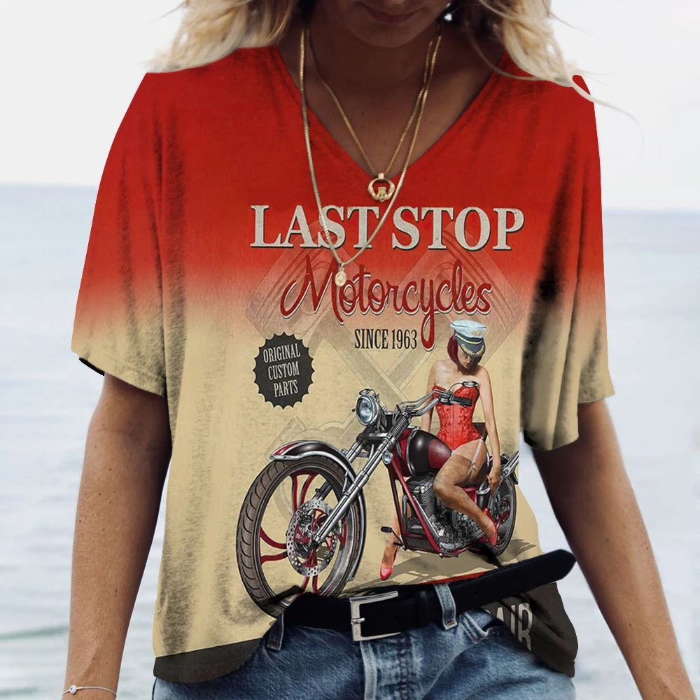 Vintage Women's T-shirt US Route 66 Print Shirt V Neck Oversized Streetwear Tees Harajuku Clothes Female Casual Short Sleeve Top