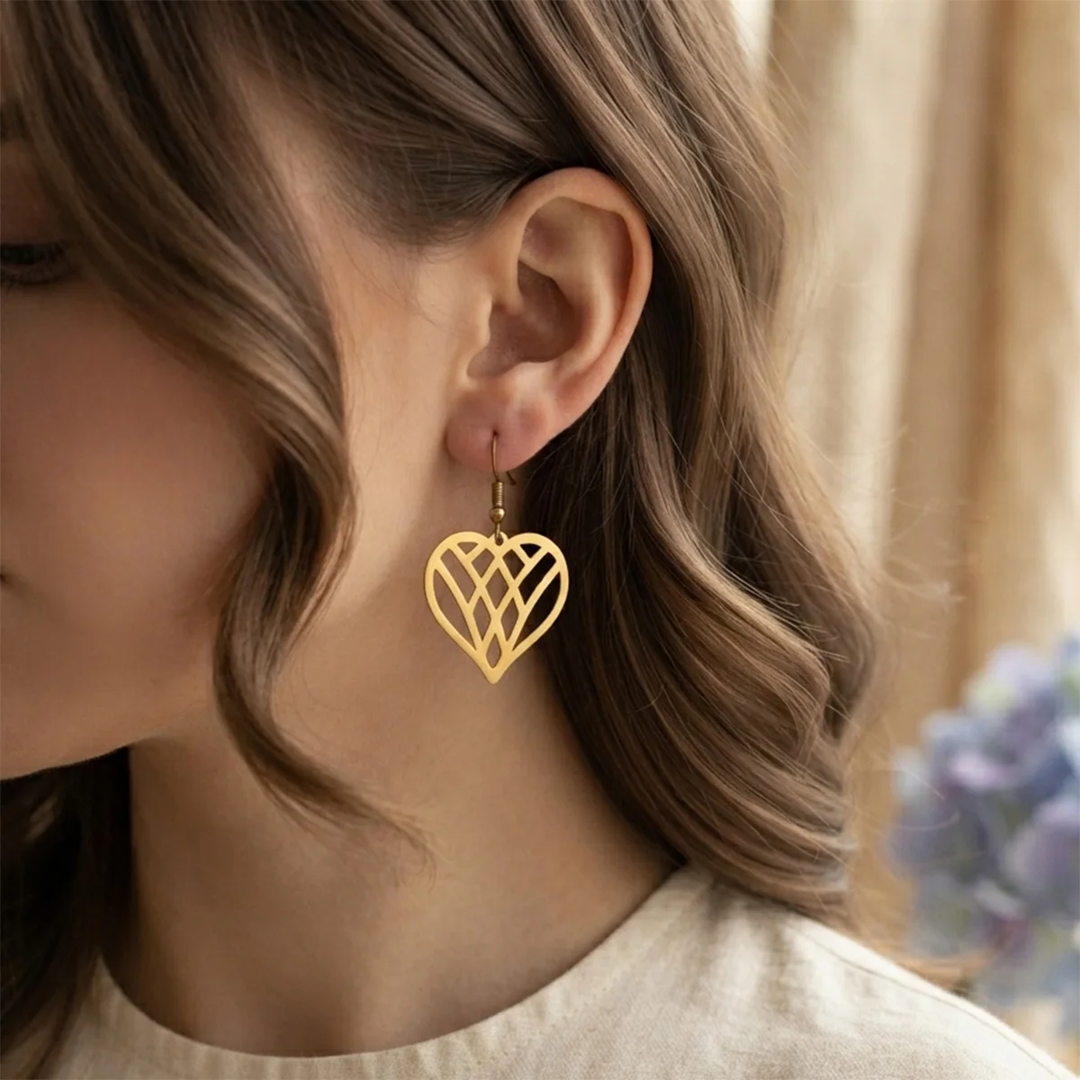 Vintage Lattice Heart Earrings for Women Amulets Geometric Love Symbol Ear Hook Stainless Steel Jewelry Ear Cartilage Puncture