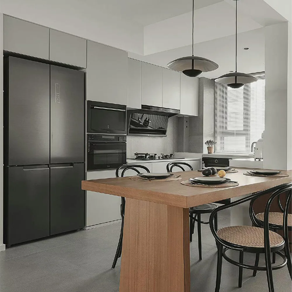 أثاث المطبخ المصنوع حسب الطلب على شكل حرف U، مجموعة خزانة المطبخ الحديثة ذات الجدار الكامل من الميلامين