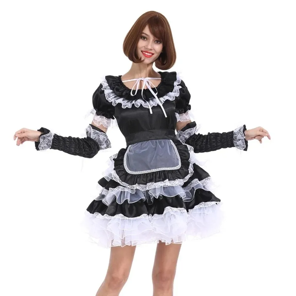 Sissy Girly girl black satin organza lace maid Cosplay costume tailored