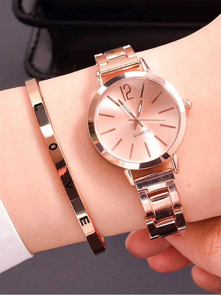 2pcs Women\'s Fashion Simple Steel Band Quartz Watch+LOVE Bracelet Set