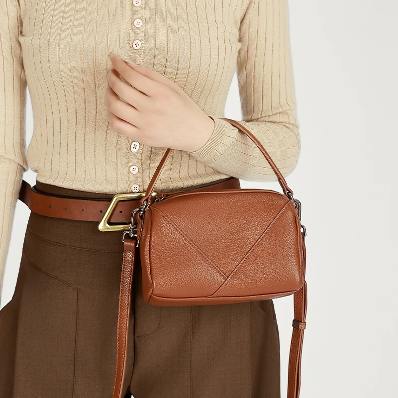 2026 New Luxury Geometric Stitching Mini Handbag Women genuine Leather Top Handle Crossbody Bag Vintage Shoulder Purse Daily Use