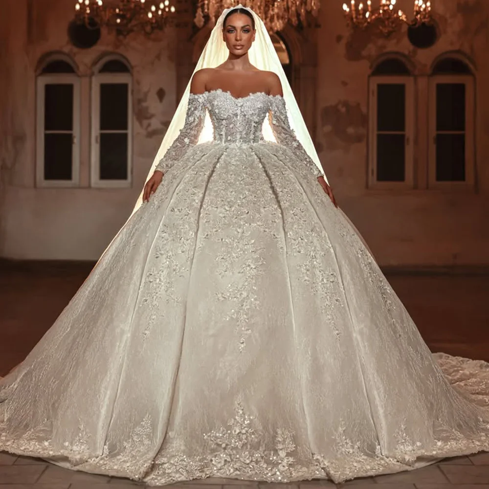 

Sparkly Crystal Organza Customized Wedding Dress Elegant Sweetheart Long Sleeves Bridal Gowns Modern A-Line Vestido De Novia