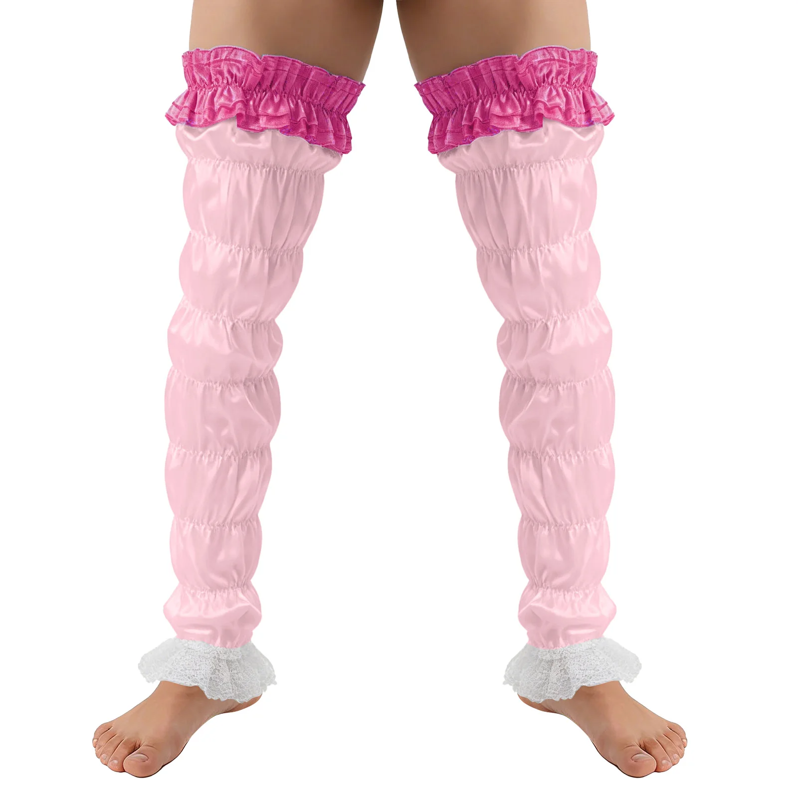 

Пара мужских атласных гетр без стоп с рюшами и кружевной отделкой для костюма дрэг-квин, эластичные, для рейв-вечеринок