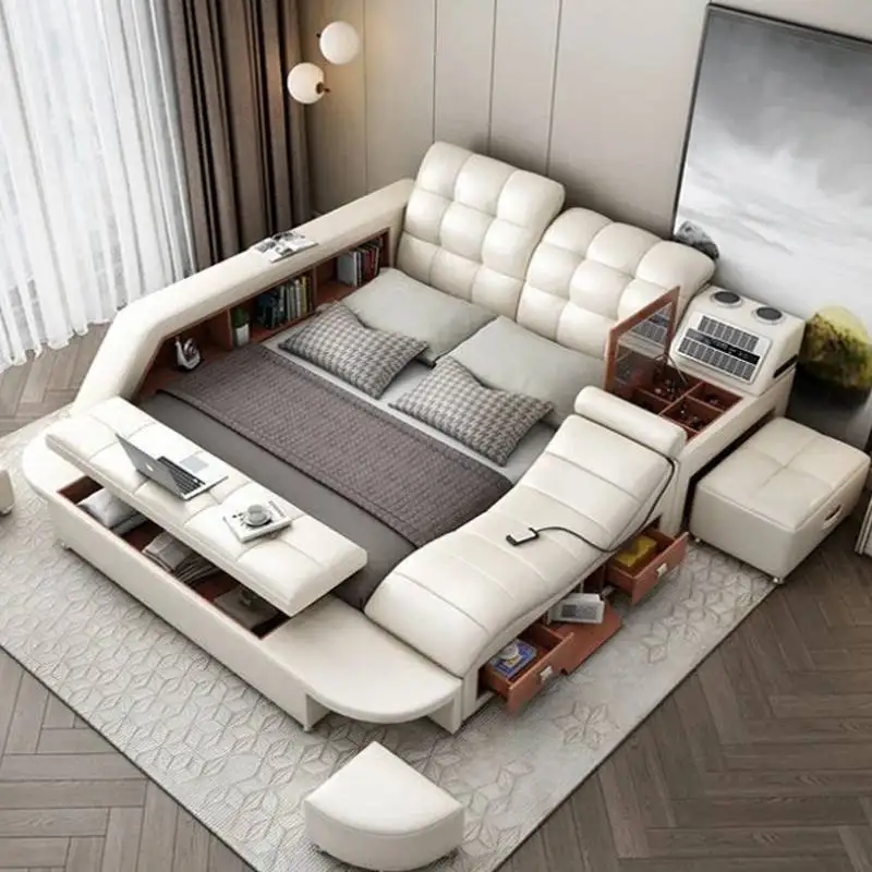 

Cute Under Storage Double Bed Aesthetic Master Cheap Multifunctional Bedroom Twin Bed Frame Modern Leather Cama Casal Furniture