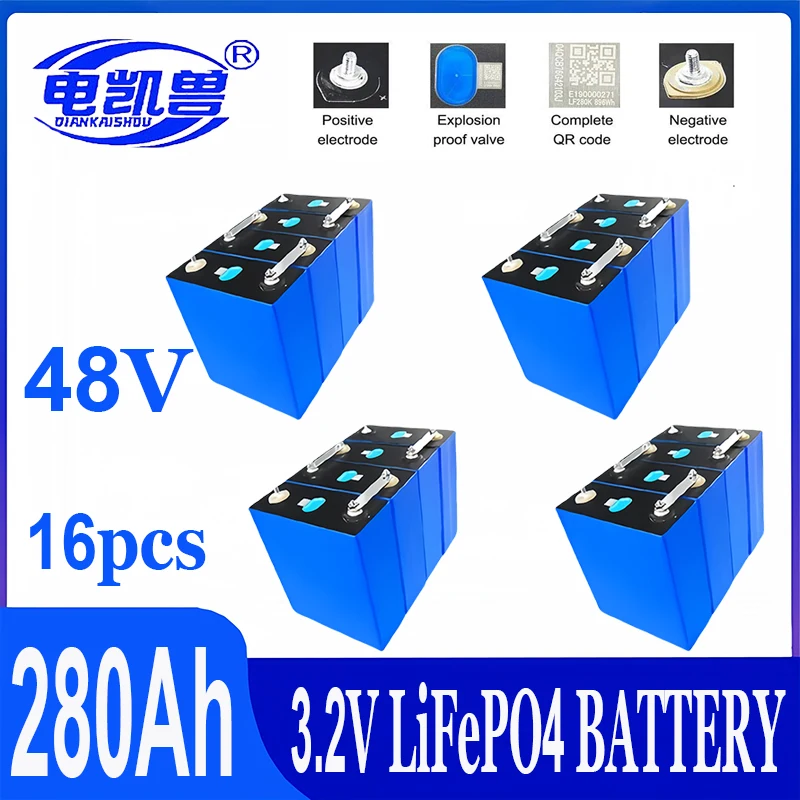 

16 PCS Brand New 3.2V 280AH Lifepo4 Cells Grade A Lithium iron phosphate Rechargeable Battery DIY 12V 24V For RV Solar Camping