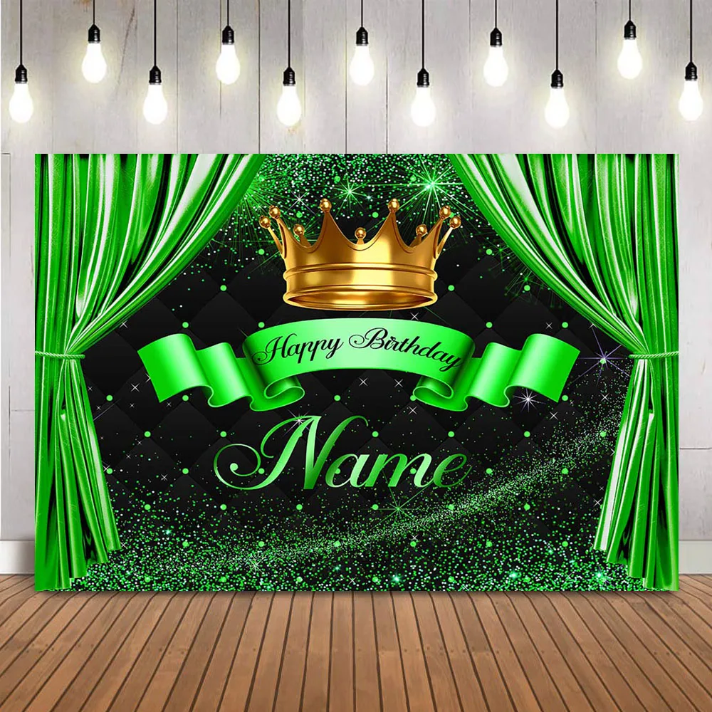 Fondo de feliz cumpleaños, corona real, príncipe, oro, purpurina, cortina dorada, nombre personalizado, suministros de decoración para fiestas