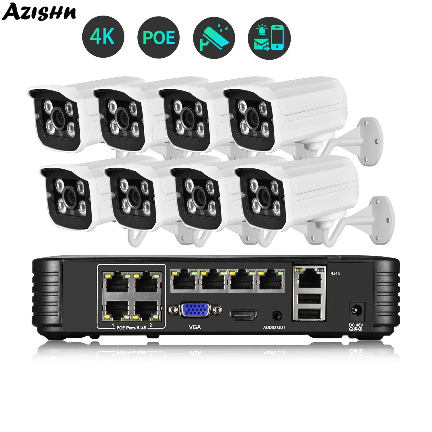 

AZISHN 8CH/4CH 8MP 4K Security CCTV Cameras Systems Home residential Monitor Video Surveillance Kit Outdoor Audio IP Camera Set