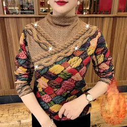 Women's Clothing Autumn Winter Fashion Vintage Fleece Half High Collar Pullovers Slim Chic Colours Printed Long Sleeve T-shirt