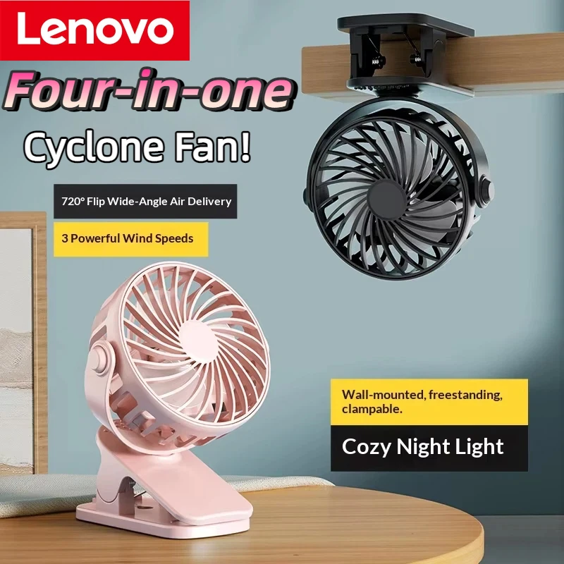 Ventilador Portátil Recarregável Lenovo Clip Fan 720 °   Ventilador Suspenso Rotativo com Luz Noturna e Resfriador de Ar para Camping ao Ar Livre Ventilador 2026