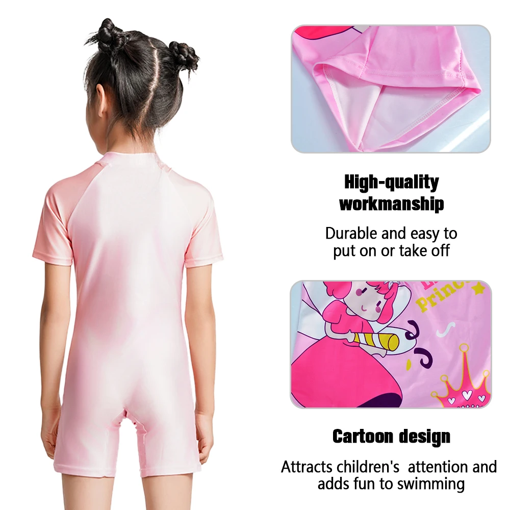 Costume da bagno intero per bambina, maniche corte, cerniera, cartone animato stampato, Rash Guard, costume da bagno estivo, spiaggia, protezione