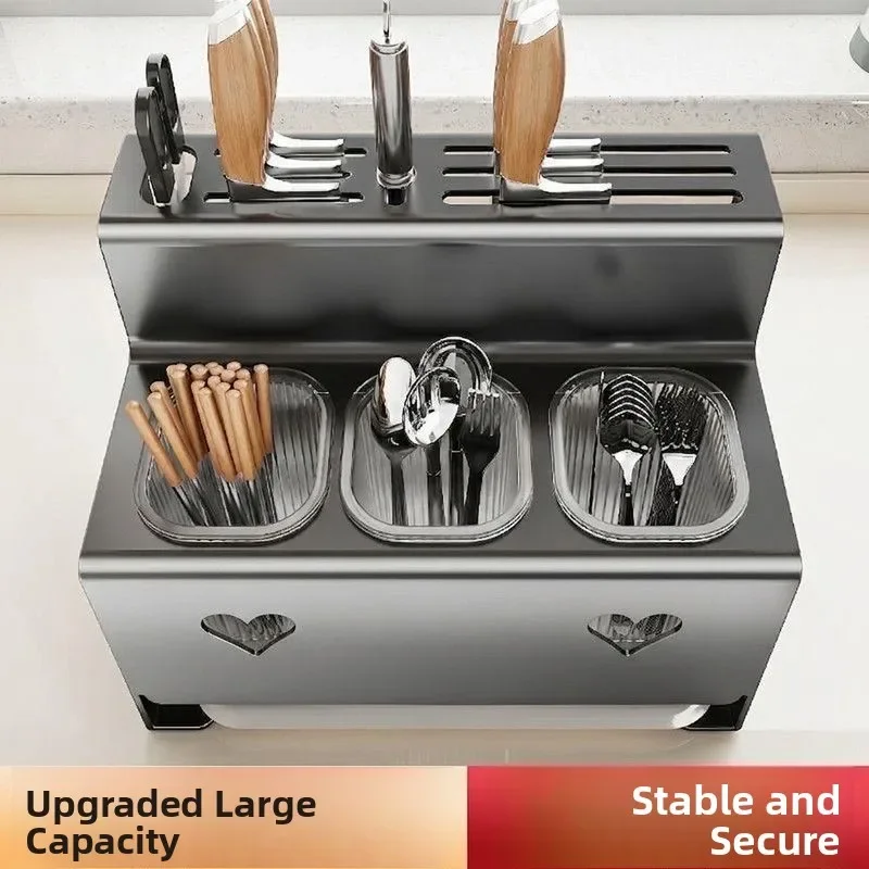 Stainless Steel One-Piece Kitchen Storage Rack Knife Holder Chopsticks Cage Spoon Storage Box Three-In-One Kitchen Organizer