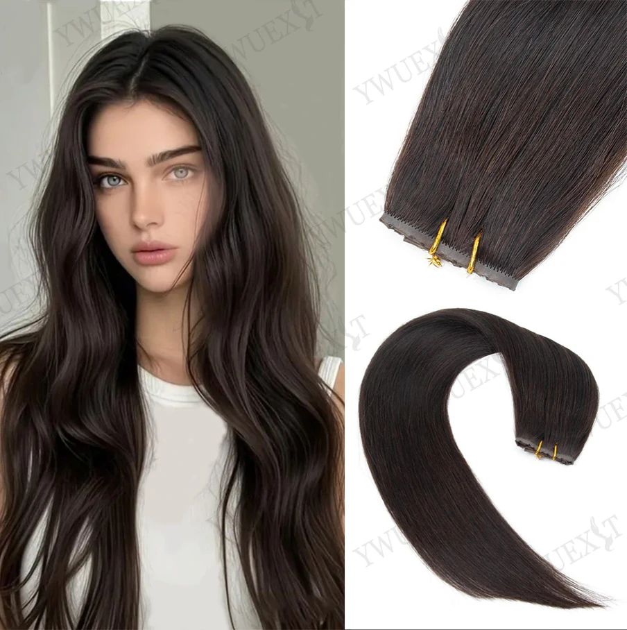 

YWUEXT 100% Real Human Hair Invisible PU Weft Hair Extensions with Hole Breathable Straight Human Hair Add Length 12-24Inch