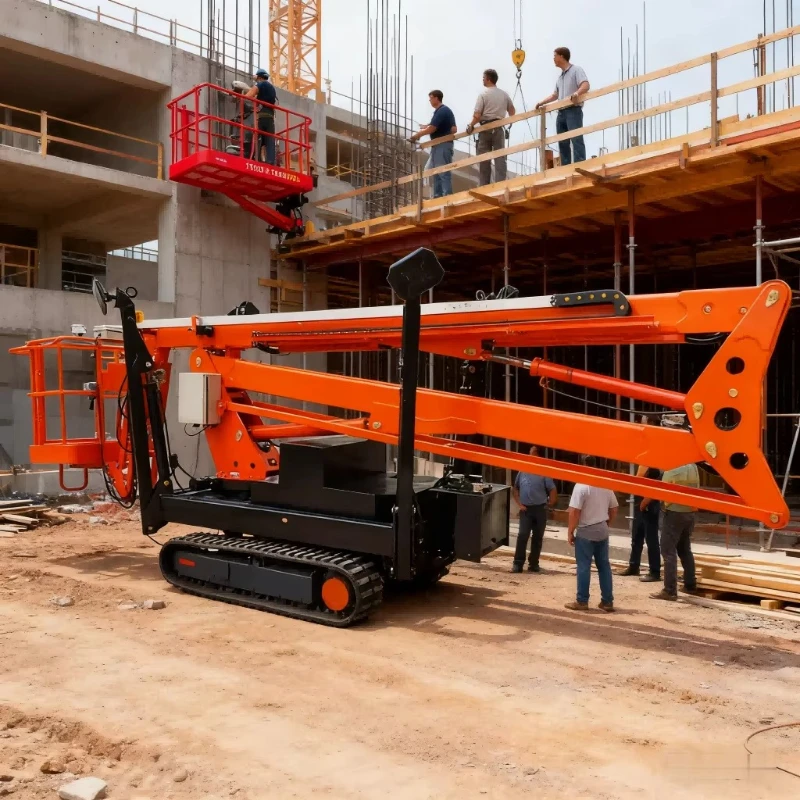 13.44M Rotary Basket Electric Aerial Work Lift Platform Gear Motor Adjustable Crawler Tracked Spider Boom Lift High Load Moment