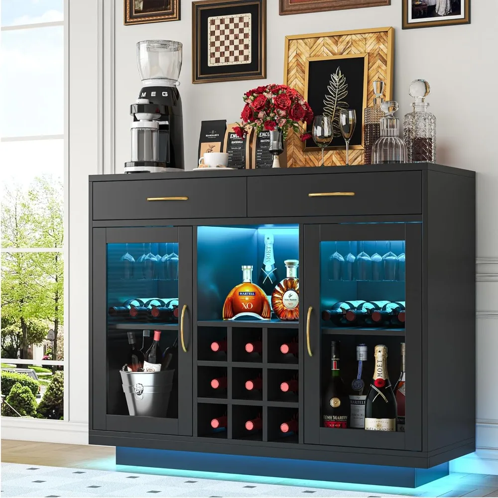 

illuminated wine bar cabinet with coffee and glass storage, sleek black liquor cabinet, kitchen buffet server