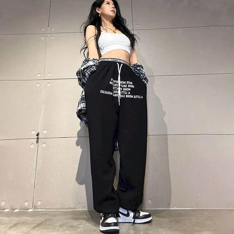 

Черные женские брюки, корейские модные леггинсы Y2k, спортивные спортивные штаны с принтом, мешковатые брюки на шнуровке, свободная женская одежда в стиле Харадзюку